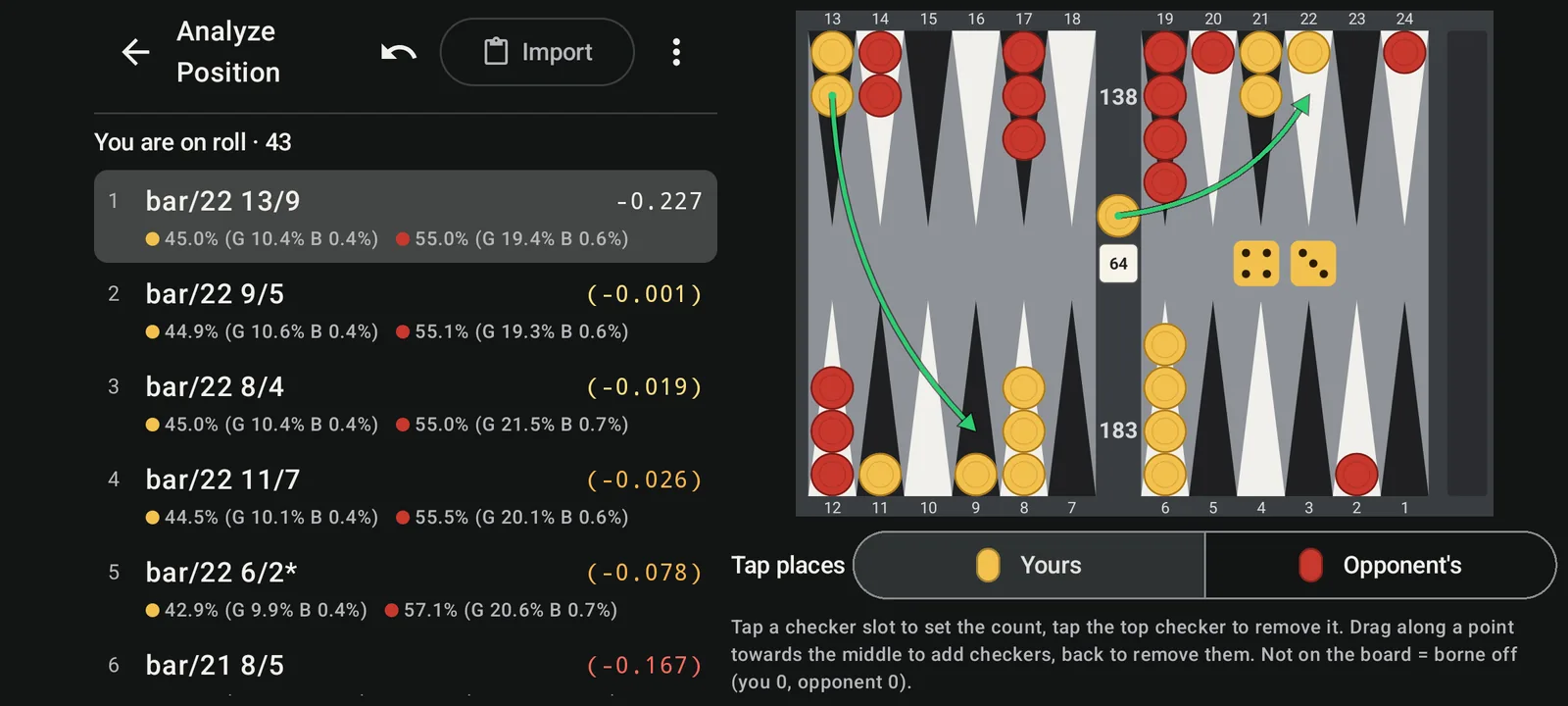 Analyzing a hard position in dark mode: the best play as green arrows on the board, and the ranked candidate moves with equities and winning chances.