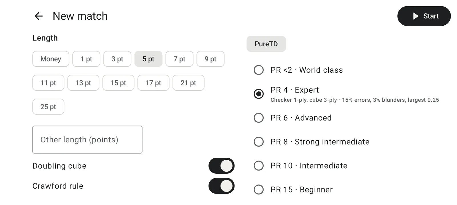 New match screen: match length and rules, and opponents by Performance Rating.
