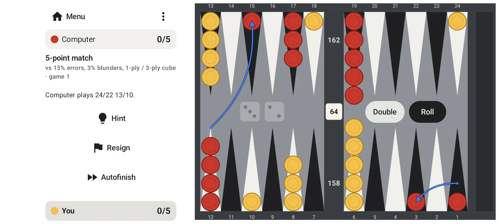 A game against the engine: the board with the computer's last move shown as arrows, and the Double and Roll buttons.
